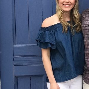 Blue ruffle off the shoulder top